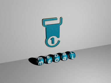 Madalyanın dikey olarak 3B grafiksel görüntüsü ve üst perspektiften metalik kübik harflerle oluşturulan yazı, tasvir sunumu ve resim ve ödül için slayt gösterileri için mükemmel