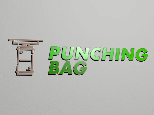 punching bag icon and text on the wall - 3D illustration for boxing and boxer