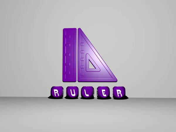 床に立方体文字の壁とテキストにRuler 3Dアイコン 背景とデザインのための3Dイラスト — ストック写真