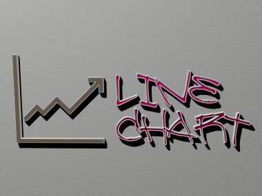 LINE CHART simgesi ve duvardaki metin - arkaplan ve tasarım için 3B illüstrasyon