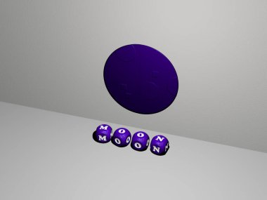 Duvarda Ay 'ın 3D simgesi ve yerdeki kübik alfabelerin metni - arkaplan ve gece için 3D illüstrasyon
