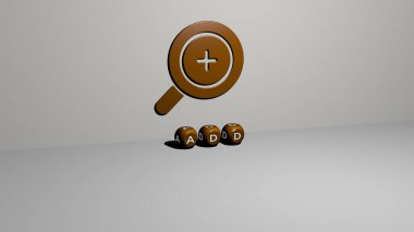 Duvardaki ADD 3D simgesi ve yerdeki küp alfabelerin metni - arkaplan ve iş dünyası için 3D illüstrasyon