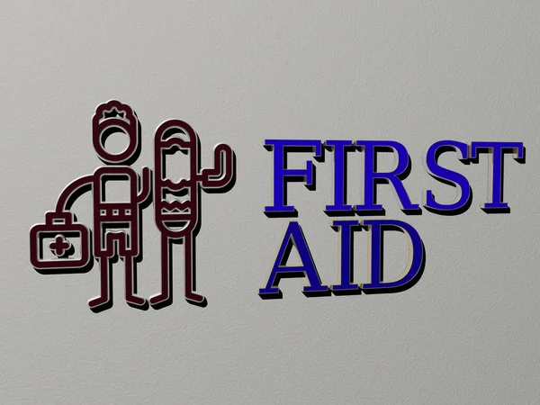 Erste Hilfe Symbol Und Text Der Wand Illustration Für Pflege — Stockfoto