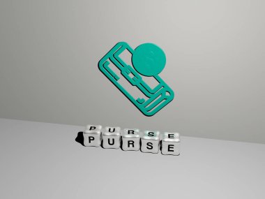 Cüzdan duvarda 3D simge ve yerde küp harfler - arkaplan ve çanta için 3D illüstrasyon