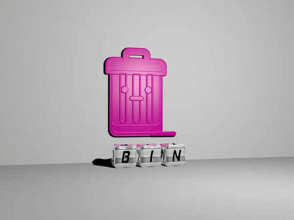 bin 3D icon on the wall and cubic letters on the floor - 3D illustration for garbage and background