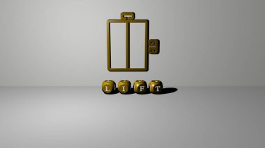 Duvardaki 3D simgeyi kaldır ve zemindeki küp alfabesinin metnini - arkaplan ve kayak için 3D illüstrasyon