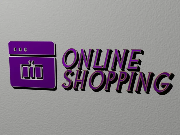 Online Shopping Symbol Und Text Der Wand Illustration Für Geschäft — Stockfoto
