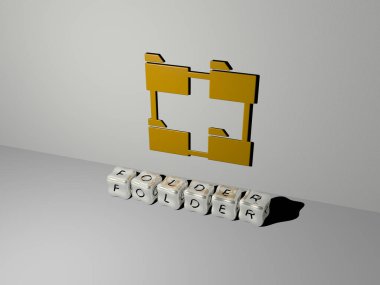 Duvardaki 3D dizin simgesi ve yerdeki küp harfler - iş ve arkaplan için 3D illüstrasyon