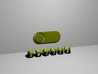 Duvardaki 3B simgesini ve yerdeki küp alfabesinin metnini değiştir - arkaplan ve düğme için 3D illüstrasyon