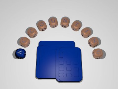 Kübik harflerin metniyle çevrili 3D hesap simgesi - iş ve konsept için 3D illüstrasyon