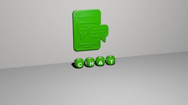 Duvardaki CHAT 3D simgesi ve yerdeki kübik alfabelerin metni - iletişim ve iş dünyası için 3D illüstrasyon