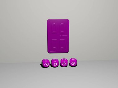 Duvardaki 3 boyutlu simge ve yerdeki kübik alfabelerin metni - mimari ve bina için 3 boyutlu illüstrasyon