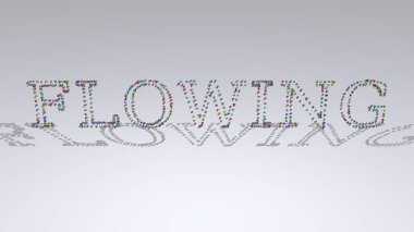 Beyaz arkaplan üzerinde küçük nesnelerle akan metnin renkli 3B yazımı ve soyut ve resimleme için eşleşen gölge