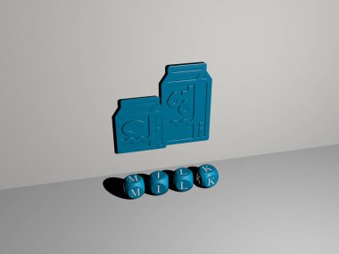 Duvarda 3D sütü simgesi ve yerdeki kübik alfabelerin metni - arka plan ve yemek için 3D illüstrasyon