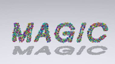 Renkli küçük nesneler tarafından üç boyutlu illüstrasyonla yazılmış sihir soyut ve tasarım için beyaz bir arkaplana gölge düşürüyor