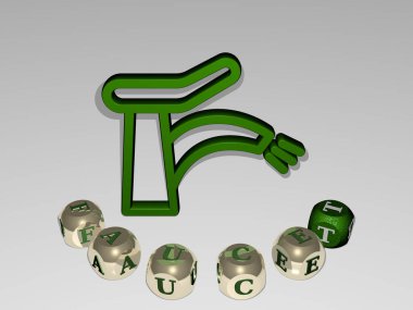 3D simge etrafında kübik harflerin musluk yuvarlak metni - banyo ve su için 3D illüstrasyon