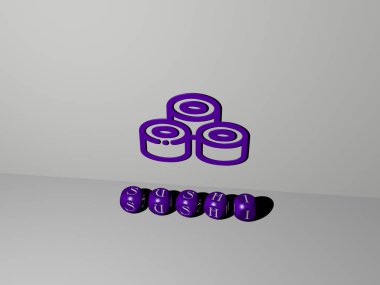 Duvarda SUSHI 3D simgesi ve yerdeki kübik alfabelerin metni - yemek ve Japonca için 3D illüstrasyon