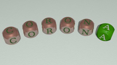 Corona küp zar harflerinden oluşan kıvrımlı metin - Coronavirus ve virüs için 3D illüstrasyon