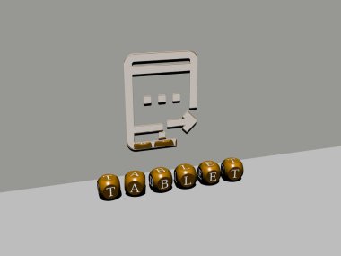 Tablet grafiklerinin 3 boyutlu çizimi ve bilgisayar ve dijital için konsept ve sunumların ilgili anlamları ve sunumları için metalik zar harflerinin yaptığı metin