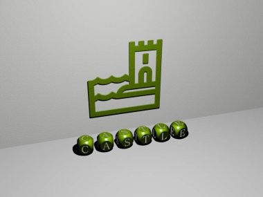 Konsept ve mimari ve inşa için sunumların ilgili anlamları ve sunumları için metalik zar harfleri tarafından yapılan CASTLE grafikleri ve metinlerinin 3B çizimi