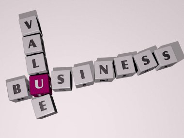 Kübik zar harfleriyle BÜYÜK VALUE çapraz bulmacası - arkaplan ve konsept için 3B illüstrasyon