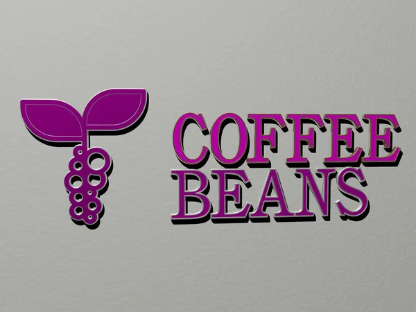 coffee beans icon and text on the wall - 3D illustration for background and cup