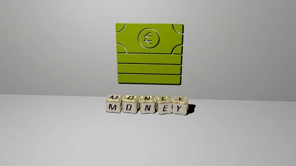 Geld Symbol Der Wand Und Kubische Buchstaben Auf Dem Boden — Stockfoto
