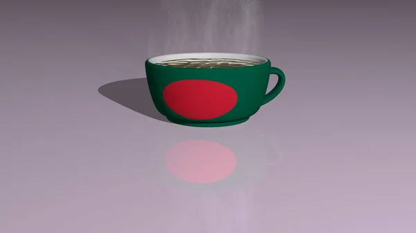 現実的な視点と床に映し出された影を持つホットコーヒーのカップに置かれたBangladeshの3Dイラスト — ストック写真