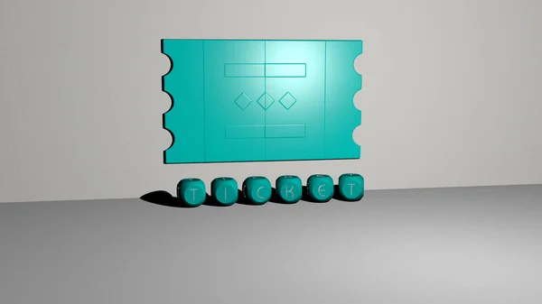 床に立方体文字の壁とテキスト上のチケット3Dアイコン 背景とデザインのための3Dイラスト — ストック写真
