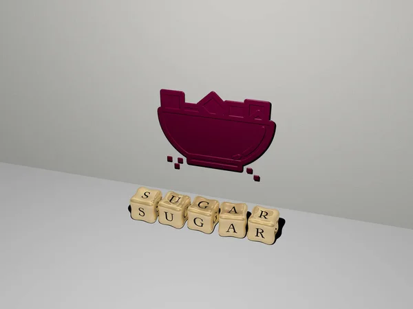 SUGAR 3D icon on the wall and cubic letters on the floor - 3D illustration for background and food