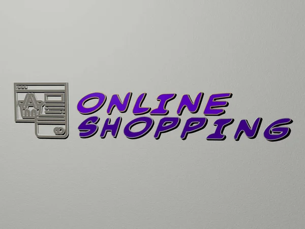 Online Shopping Ikon Szöveg Falon Illusztráció Üzleti Koncepció — Stock Fotó