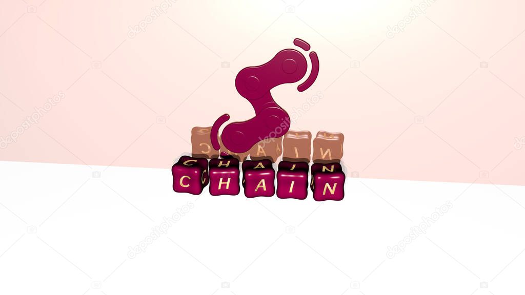 3D graphical image of chain vertically along with text built by metallic cubic letters from the top perspective, excellent for the concept presentation and slideshows for background and illustration