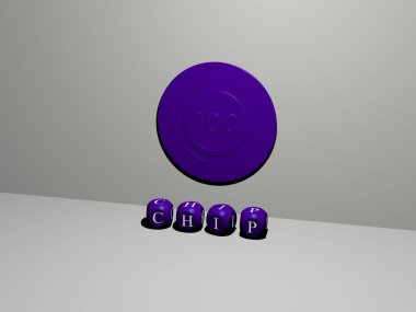 Duvardaki 3D çip simgesi ve yerdeki küp alfabelerin metni - arkaplan ve bilgisayar için 3D illüstrasyon