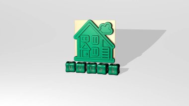 HOUSE 'un dikey olarak 3B grafiksel görüntüsü, üst perspektiften metalik kübik harflerle oluşturulan metinler, konsept sunumu ve inşa ve mimari için slayt gösterileri için mükemmel
