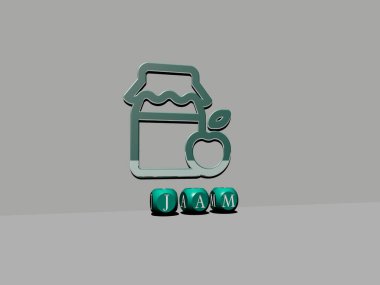 Duvarında simge olan reçelin 3 boyutlu temsili ve ayna zemininde metalik kübik harflerle konsept anlamı ve arkaplan ve resimleme için slayt gösterisi sunumu için düzenlenmiş metin