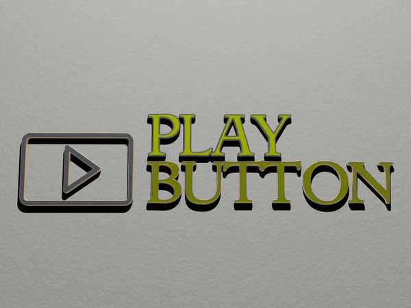墙上的Play Button图标和文字 背景和游戏的3D插图 — 图库照片