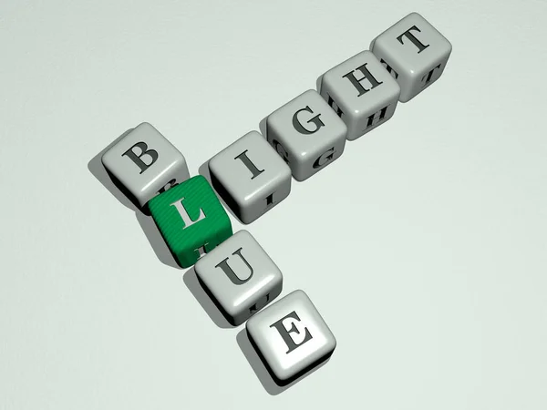 用三次骰子字母表示的明亮的蓝色填字游戏 背景和抽象的3D插图 — 图库照片