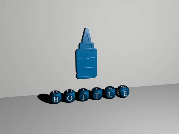 墙上的Bottle 3D图标和地板上的立方字母文本 背景和玻璃的3D插图 — 图库照片