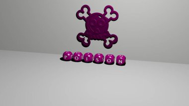 Duvarda 3D zehir simgesi ve yerdeki küp alfabelerin metni - arkaplan ve tehlike için 3D illüstrasyon