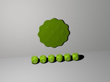 Duvarda BAKERY 3D simgesi ve yerdeki kübik alfabelerin metni - arkaplan ve pasta için 3D illüstrasyon