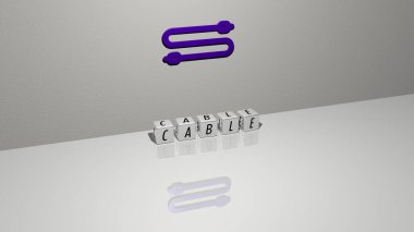 Zeminde küp zar harflerinin kablo metni ve duvarda 3B simgesi - arkaplan ve mavi için 3B illüstrasyon