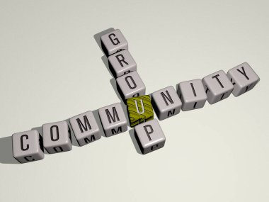 Kübik zar harfleriyle COMUNITY GROUP bulmacası - kavram ve iş dünyası için 3D illüstrasyon