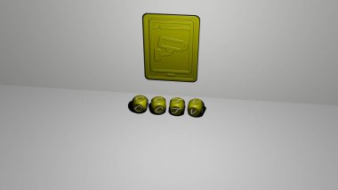 Duvardaki CCTV 3D simgesi ve yerdeki kübik alfabelerin metni - kamera ve güvenlik için 3D illüstrasyon
