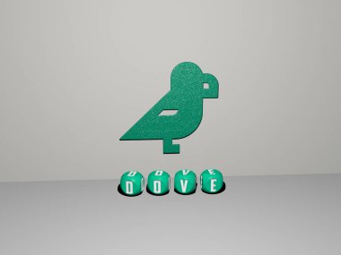 DOVE 'un duvarında simge ve ayna zemininde metalik kübik harflerle kuş ve illüstrasyon için anlam ve slayt gösterisi sunumu için düzenlenmiş 3B temsili
