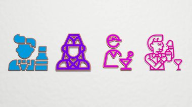 BARTENDER 4 simge seti - Kokteyl ve alkol için 3D illüstrasyon