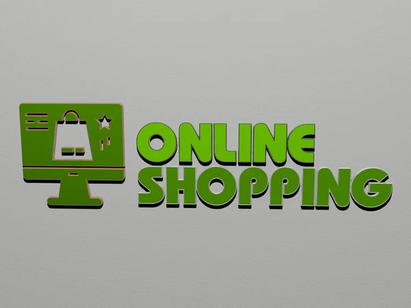 Online Shopping Ikona Tekst Ścianie Ilustracja Dla Biznesu Koncepcji — Zdjęcie stockowe