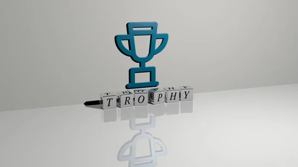 地板上的立方骰子字母和墙壁上的3D图标的奖杯文本 奖品和杯子的3D插图 — 图库照片