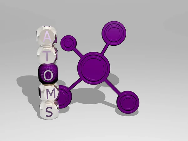 3D illustration of ATOMS graphics and text around the icon made by metallic dice letters for the related meanings of the concept and presentations for background and chemical