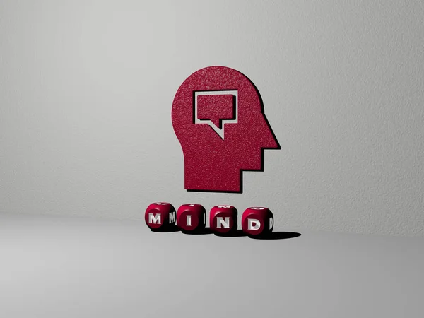 3D representation of MIND with icon on the wall and text arranged by metallic cubic letters on a mirror floor for concept meaning and slideshow presentation for illustration and brain