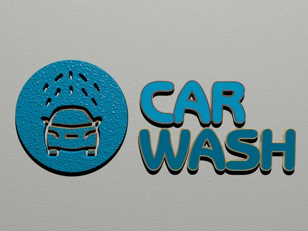 Εικονίδιο Πλυσίματος Αυτοκινήτων Και Κείμενο Στον Τοίχο Τρισδιάστατη Απεικόνιση Για — Φωτογραφία Αρχείου